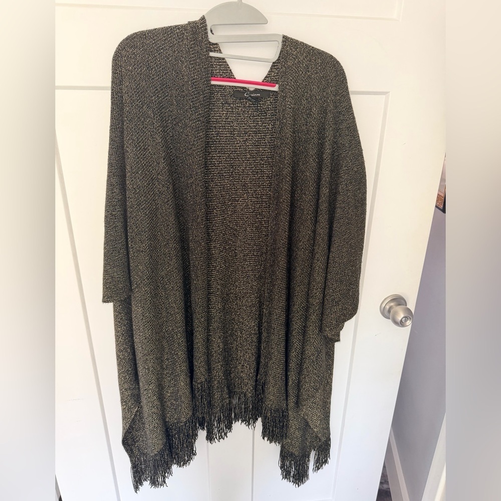 Cejon Black Gold Metallic Fringe Cardigan Wrap Shawl One Size Sparkle Duster